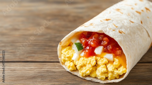 Breakfast burrito with scrambled eggs, cheese, and salsa photo