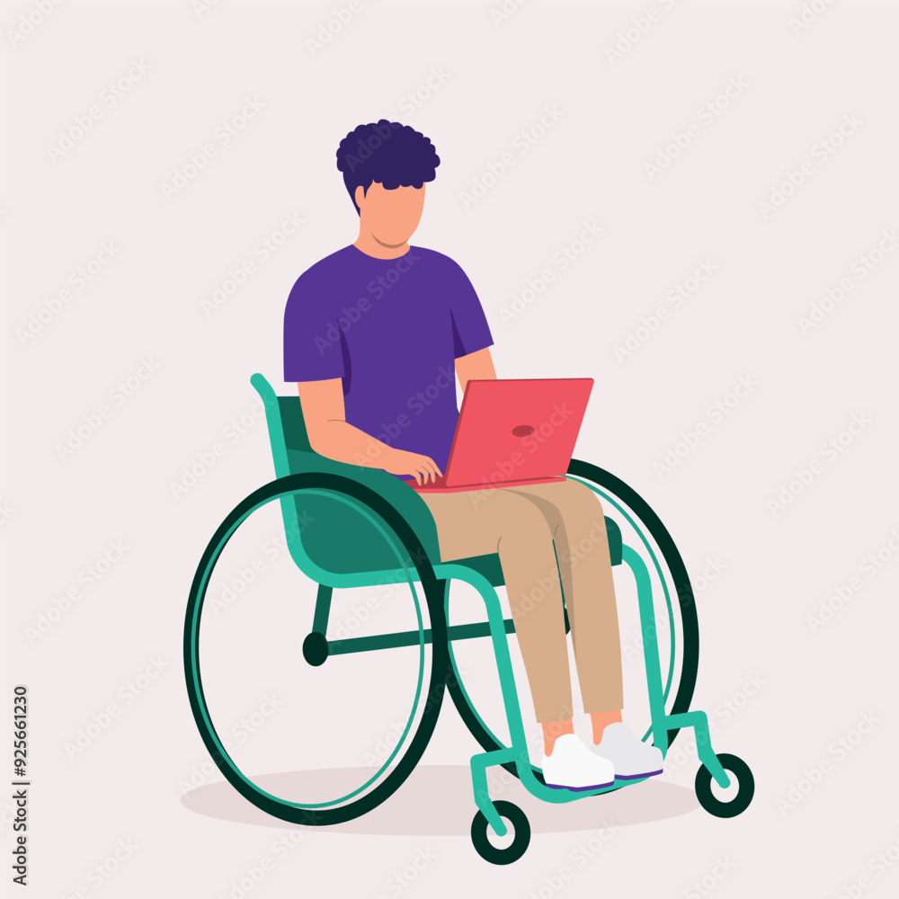 One Disabled Man In Wheelchair Using Laptop. One Disabled Man In Wheelchair Using Laptop.