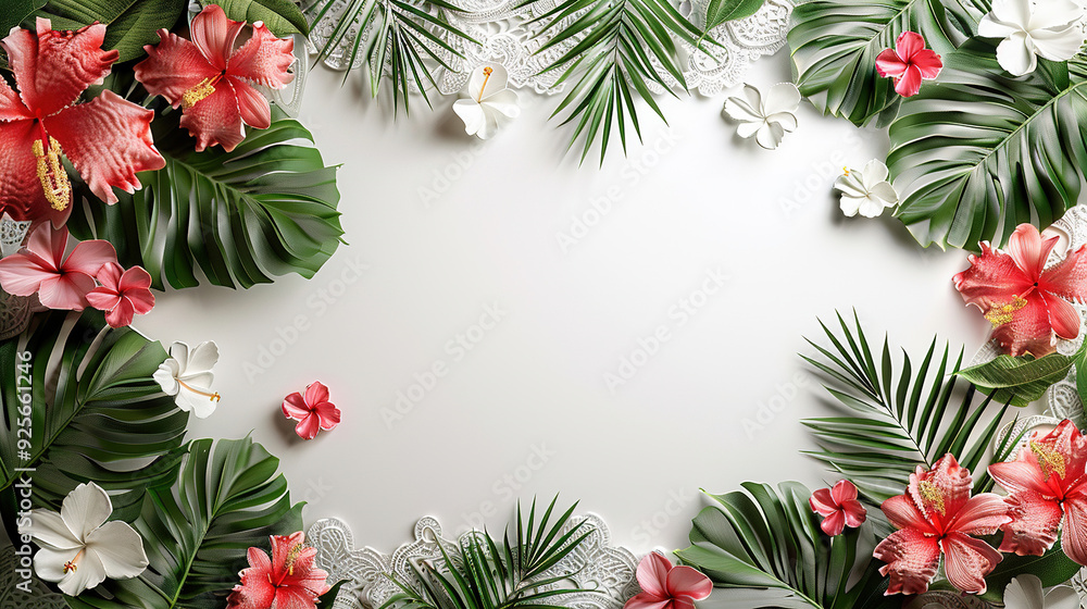 Leaves and flowers frame in white background, space for text Leaves and flowers frame in white background, space for text