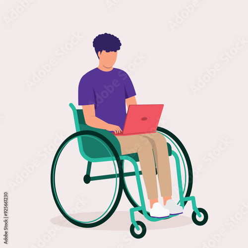 One Disabled Man In Wheelchair Using Laptop.