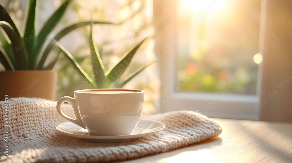 Bright and warm coffee scene, white porcelain cup on saucer, soft golden sunlight streaming through window, cozy knit fabric, light wooden table texture, blurred aloe plant, minimalist Scandinavian st Bright and warm coffee scene, white porcelain cup on saucer, soft golden sunlight streaming through window, cozy knit fabric, light wooden table texture, blurred aloe plant, minimalist Scandinavian st