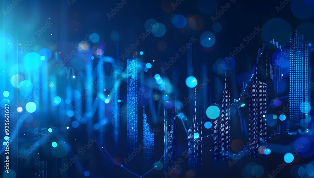 A stock market graph on the screen, blue background with bokeh effect. The trading chart is depicted in an abstract style, showing upward trend lines and candlestick charts. A stock market graph on the screen, blue background with bokeh effect. The trading chart is depicted in an abstract style, showing upward trend lines and candlestick charts.