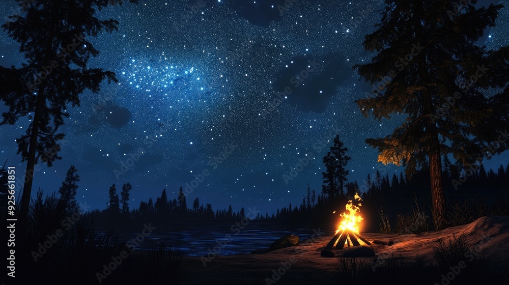 Fototapeta premium Camping under a starry sky with a campfire