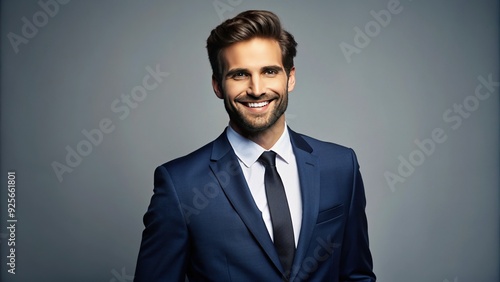 Confident business executive with a warm smile, wearing a navy blue suit and crisp white shirt, posing against a neutral gray background.