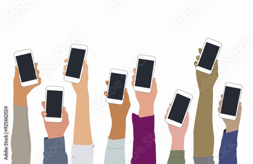 Hands holding phone on white background.Different hands holding phone