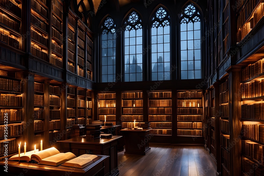 A large library with many bookshelves and a window A large library with many bookshelves and a window