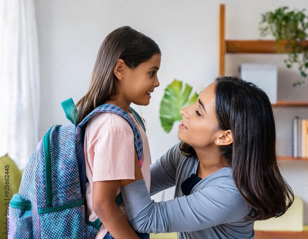 child mother family education school girl home daughter backpack help parent getting ready child mother family education school girl home daughter backpack help parent getting ready