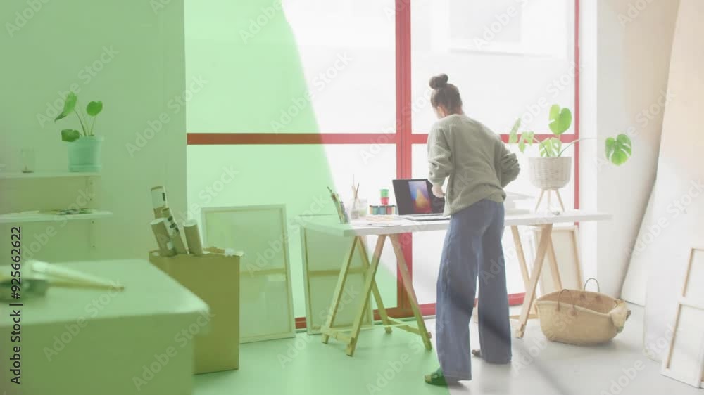 Walking in art studio, woman surrounded by ireland flag animation Walking in art studio, woman surrounded by ireland flag animation