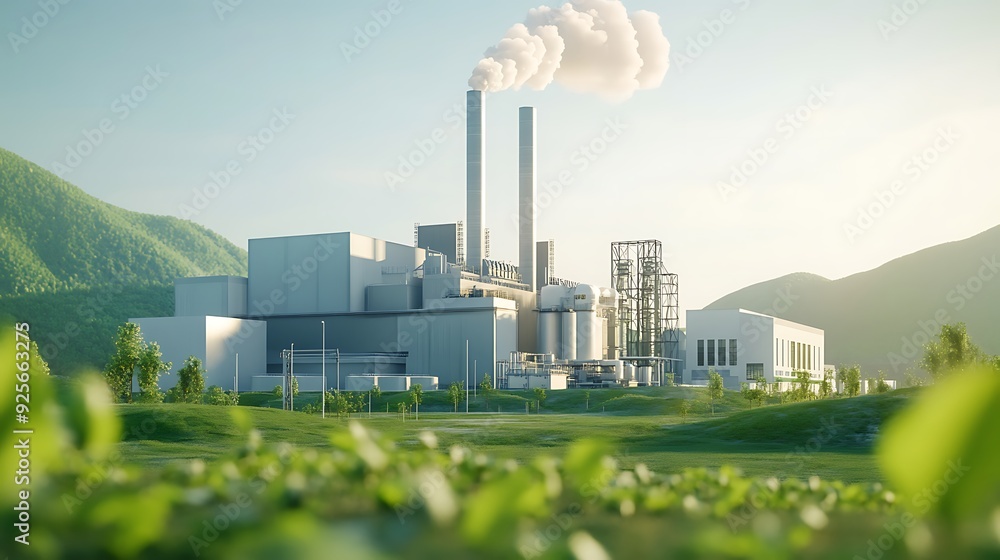 Obraz premium Modern Biomass Power Plant Utilizing Plant-Based Materials for Sustainable Energy Production