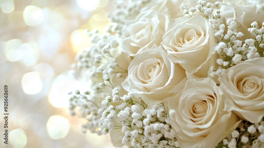 Elegant bridal bouquet, white roses, delicate baby's breath, satin ribbon wrap, soft pastel background, professional floral arrangement, crisp focus, romantic atmosphere, wedding day theme. Elegant bridal bouquet, white roses, delicate baby's breath, satin ribbon wrap, soft pastel background, professional floral arrangement, crisp focus, romantic atmosphere, wedding day theme.