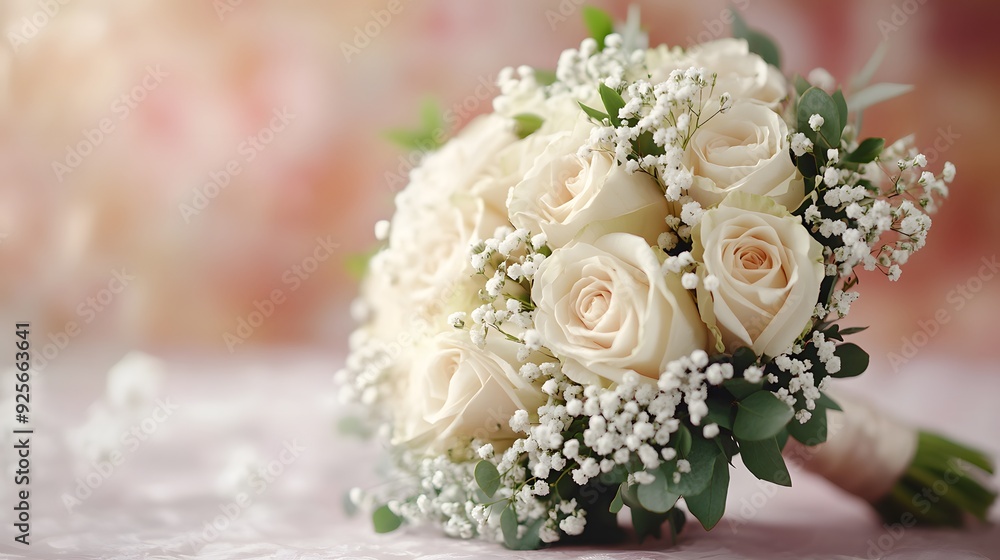 Fototapeta premium Elegant bridal bouquet, white roses, delicate baby's breath, satin ribbon wrap, soft pastel background, professional floral arrangement, crisp focus, romantic atmosphere, wedding day theme.