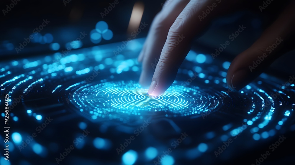 Futuristic biometric scanning, holographic fingerprint interface, advanced cybersecurity technology, glowing blue digital patterns, human finger touching transparent screen, dark background neon accen Futuristic biometric scanning, holographic fingerprint interface, advanced cybersecurity technology, glowing blue digital patterns, human finger touching transparent screen, dark background neon accen