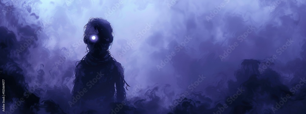 A man with glowing eyes stands in a foggy, misty forest. The atmosphere is eerie and mysterious, with the man appearing to be a creature from another world A man with glowing eyes stands in a foggy, misty forest. The atmosphere is eerie and mysterious, with the man appearing to be a creature from another world