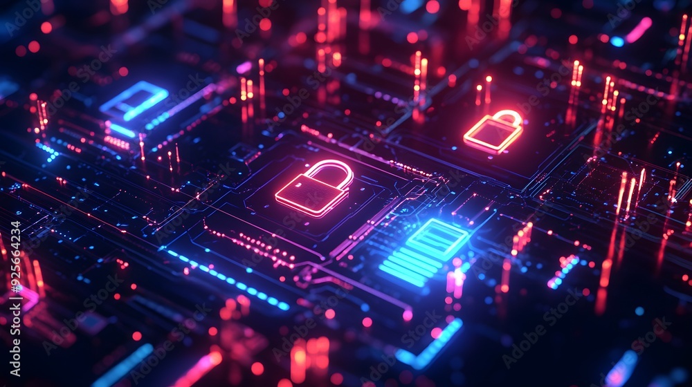 Futuristic cybersecurity interface, holographic digital landscape, floating lock icons, glowing circuit board patterns, neon blue data streams, abstract tech symbols, advanced AI protection system. Futuristic cybersecurity interface, holographic digital landscape, floating lock icons, glowing circuit board patterns, neon blue data streams, abstract tech symbols, advanced AI protection system.
