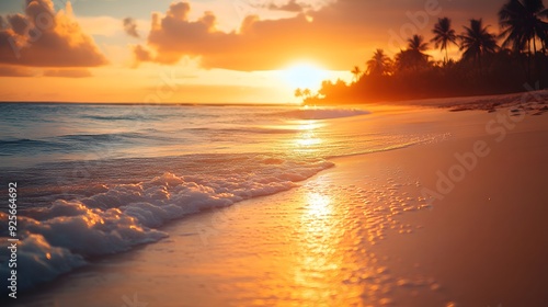 Golden sunset sky, gentle waves lapping shore, soft sand underfoot, clear blue ocean, serene atmosphere, warm hues, palm trees in background, tranquil evening, romantic scene.