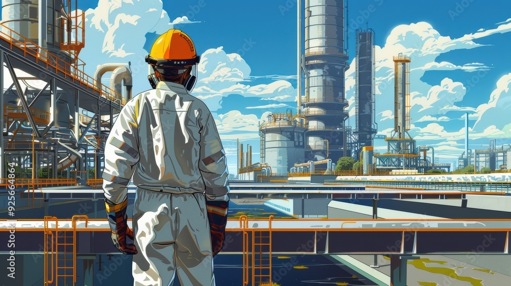 A man in a white jumpsuit stands on a bridge overlooking a large industrial plant. The sky is cloudy, and the atmosphere is tense. The man is observing the plant A man in a white jumpsuit stands on a bridge overlooking a large industrial plant. The sky is cloudy, and the atmosphere is tense. The man is observing the plant