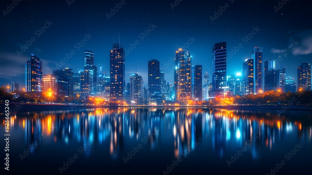 Fototapeta premium Illuminated city skyline, vibrant night lights, reflection on calm river, modern skyscrapers, dark blue sky, twinkling stars, bustling urban environment, high-resolution photograph, serene riverbank.