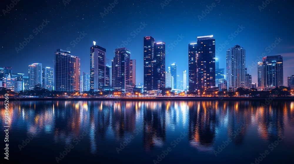 Illuminated city skyline, vibrant night lights, reflection on calm river, modern skyscrapers, dark blue sky, twinkling stars, bustling urban environment, high-resolution photograph, serene riverbank. Illuminated city skyline, vibrant night lights, reflection on calm river, modern skyscrapers, dark blue sky, twinkling stars, bustling urban environment, high-resolution photograph, serene riverbank.