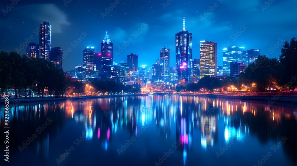 Fototapeta premium Illuminated city skyline, vibrant night lights, reflection on calm river, modern skyscrapers, dark blue sky, twinkling stars, bustling urban environment, high-resolution photograph, serene riverbank.