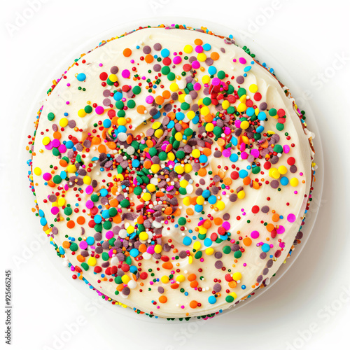 a cake with white frosting and multicolored sprinkles photo