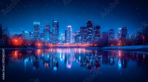 Illuminated city skyline, vibrant night lights, reflection on calm river, modern skyscrapers, dark blue sky, twinkling stars, bustling urban environment, high-resolution photograph, serene riverbank.