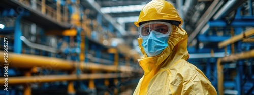 A man in a yellow protective suit and a yellow helmet stands in a factory. He is wearing a mask and a yellow jacket