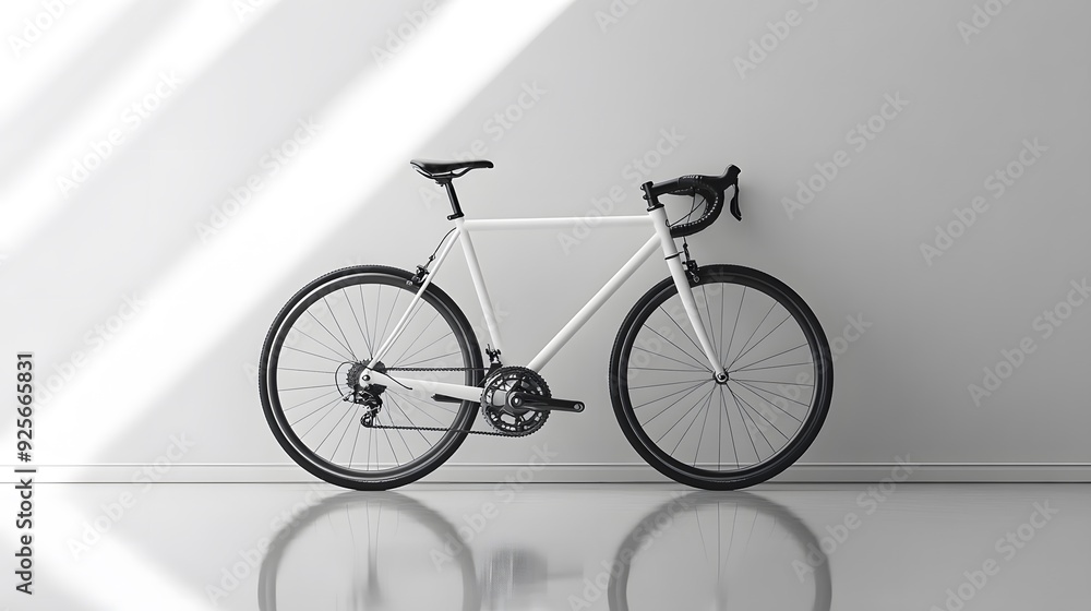 Minimalist white road bicycle, sleek modern design, clean white wall background, reflective white floor, single speed bike, drop handlebars, thin tires, elegant simplicity, showroom display. Minimalist white road bicycle, sleek modern design, clean white wall background, reflective white floor, single speed bike, drop handlebars, thin tires, elegant simplicity, showroom display.