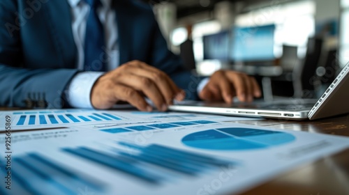 A man is typing on a laptop in front of a table with several blue graphs. The graphs are likely financial or business related, and the man is likely working on a project or report