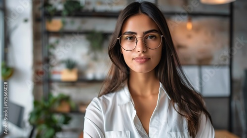 Young woman with dark hair and wearing glasses, dressed in a white shirt, looks directly into the camera with a confident expression.