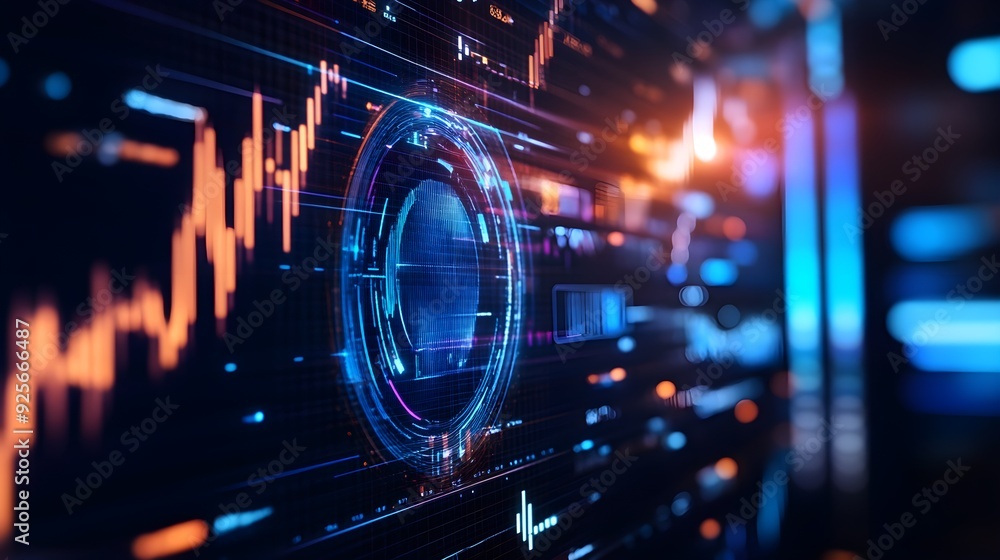 Obraz premium High-tech presentation slide with futuristic UI elements, 3D graphs, and deep blue tones, designed to stay sharp on any display