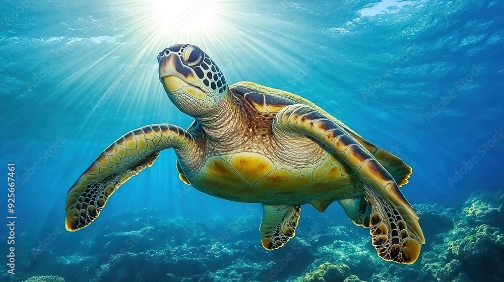 Obraz premium Green sea turtle swimming through turquoise water with sunlight shining through the surface.