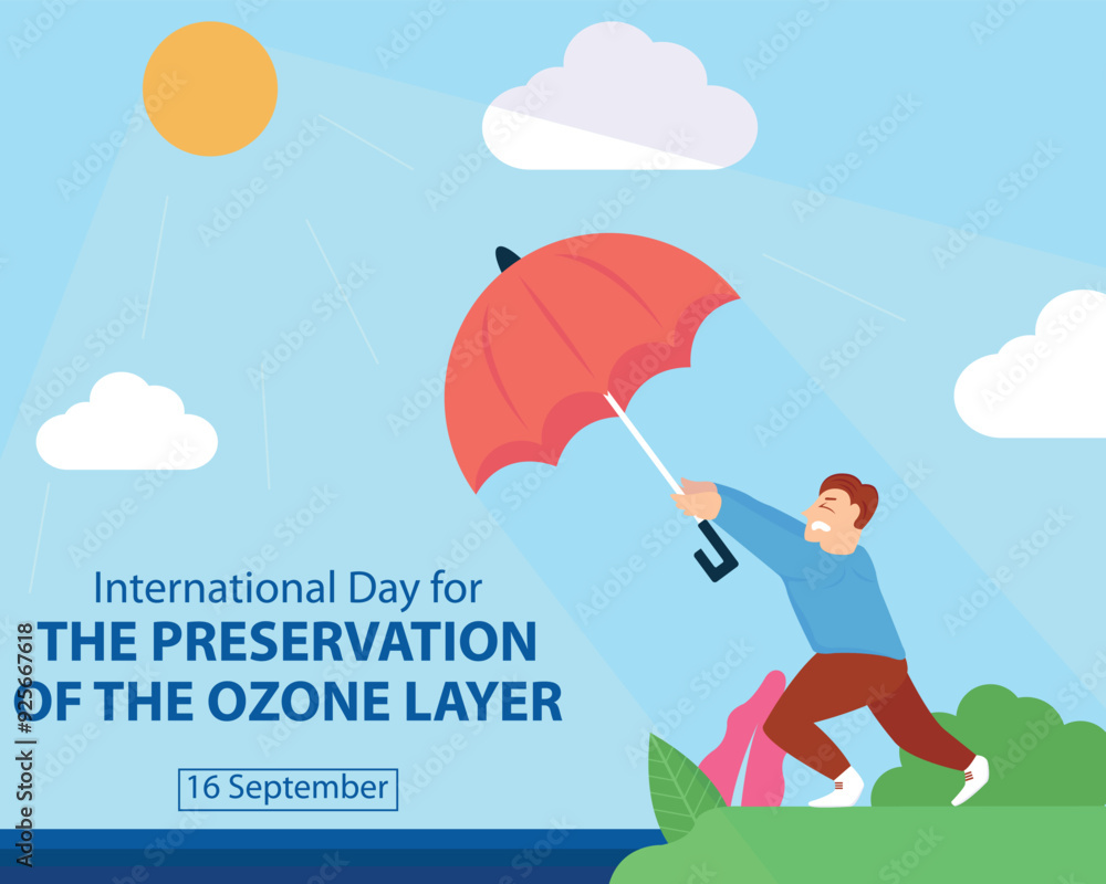 illustration vector graphic of a man takes shelter from the hot sun during the day with an umbrella, perfect for international day, the preservation of the ozone layer, celebrate, greeting card, etc. illustration vector graphic of a man takes shelter from the hot sun during the day with an umbrella, perfect for international day, the preservation of the ozone layer, celebrate, greeting card, etc.