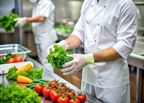 Crisp white sanitary gloves carefully handling fresh vegetables, emphasizing food safety and cleanliness in a modern commercial kitchen or restaurant setting. photo