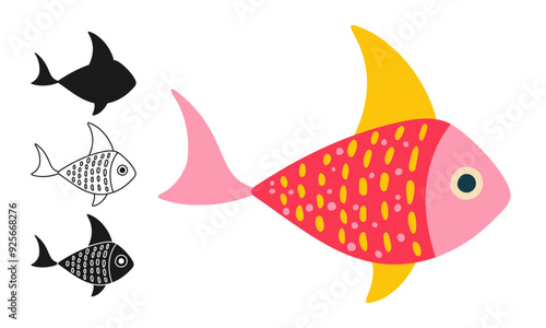 Ocean fish linear icon, abstract cartoon symbol set. Exotic colorful childish sea fish with hand drawn doodle pattern. Sign aquarium fishes silhouette shape or doodle art. Vector graphic illustration
