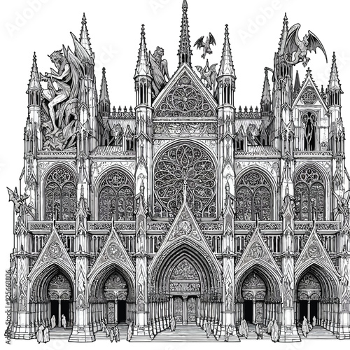 A detailed Gothic cathedral with pointed arches, intricate stained glass windows coloring page vector