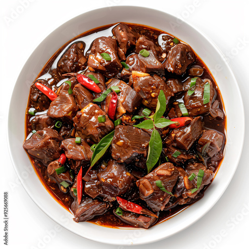 a bowl of beef with sauce and green onions photo