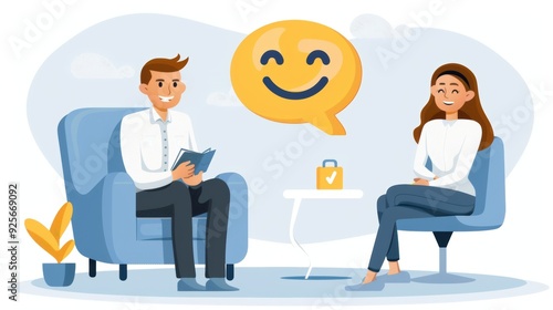 A man and a woman are sitting in chairs and talking. A smiley face is on the wall behind them