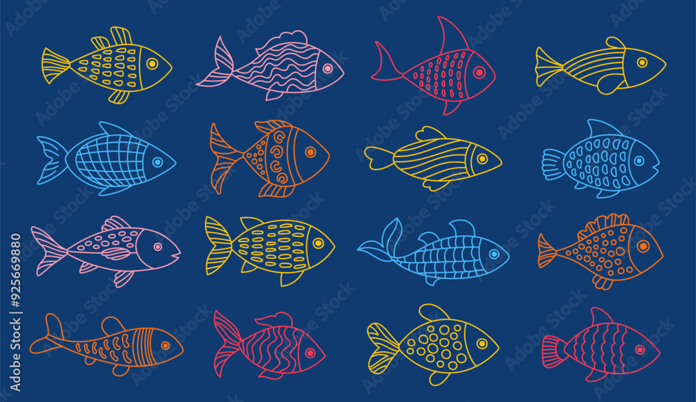 Sea fish doodle cartoon set. Outline cute fish with hand drawn ornament. Childish colorful exotic design abstract naive art. Tuna salmon or aquarium fishes. Flat design isolated vector illustration Sea fish doodle cartoon set. Outline cute fish with hand drawn ornament. Childish colorful exotic design abstract naive art. Tuna salmon or aquarium fishes. Flat design isolated vector illustration