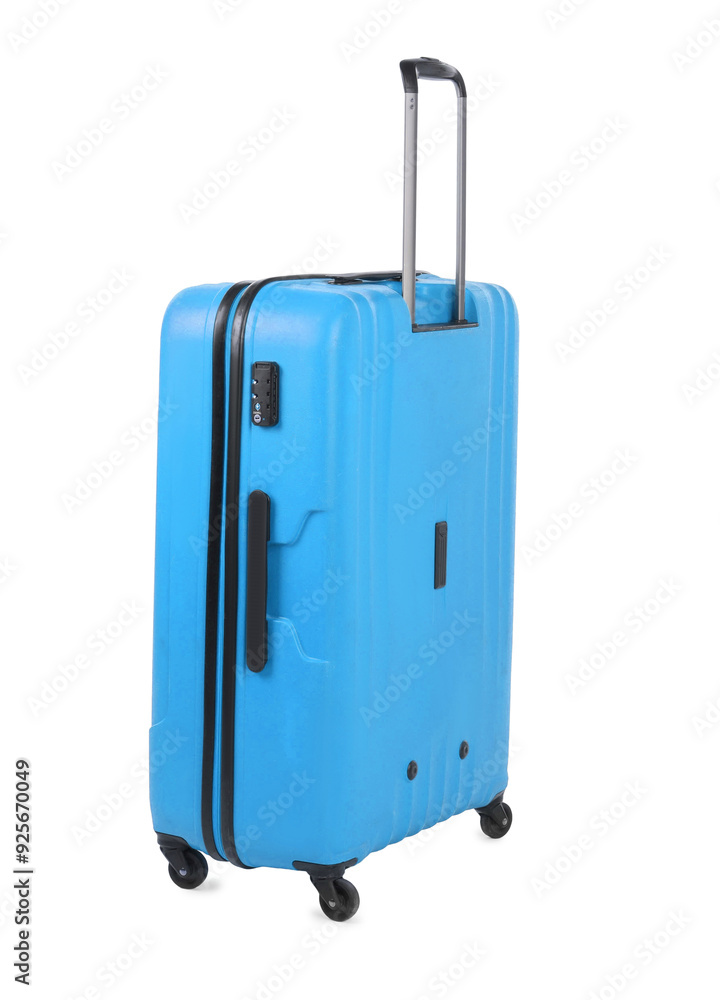 One light blue suitcase isolated on white One light blue suitcase isolated on white