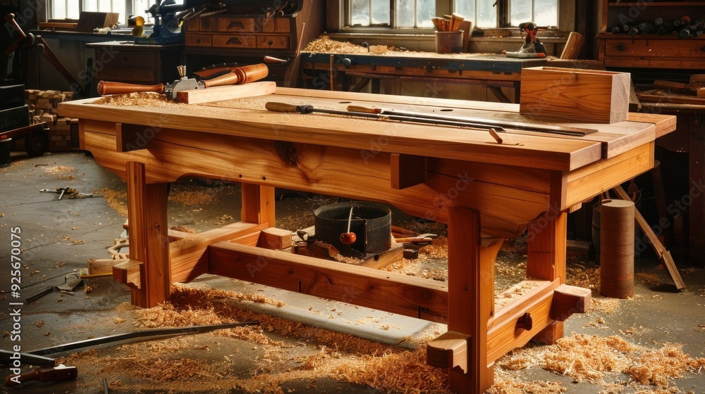 A close up of a workbench in a woodworking shop. A close up of a workbench in a woodworking shop.