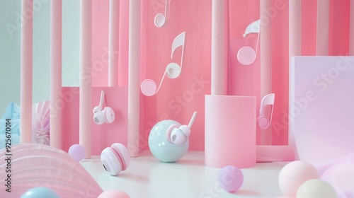 Pink and white music room decorated with balloons and musical notes for a musicalthemed celebration photo