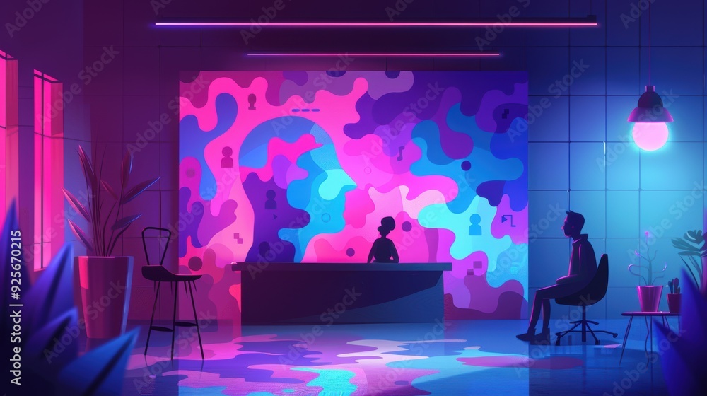 A man sits at a desk in a room with a colorful wall behind him. The room is dimly lit and has a futuristic feel to it A man sits at a desk in a room with a colorful wall behind him. The room is dimly lit and has a futuristic feel to it