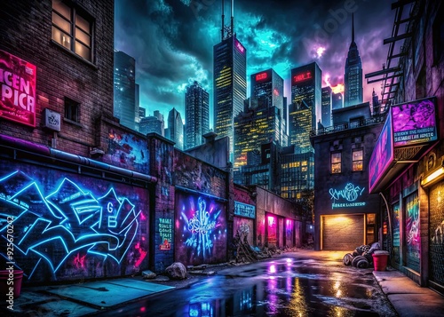 Dark and gritty urban cityscape with graffiti-covered walls featuring neon-lit digital words photo