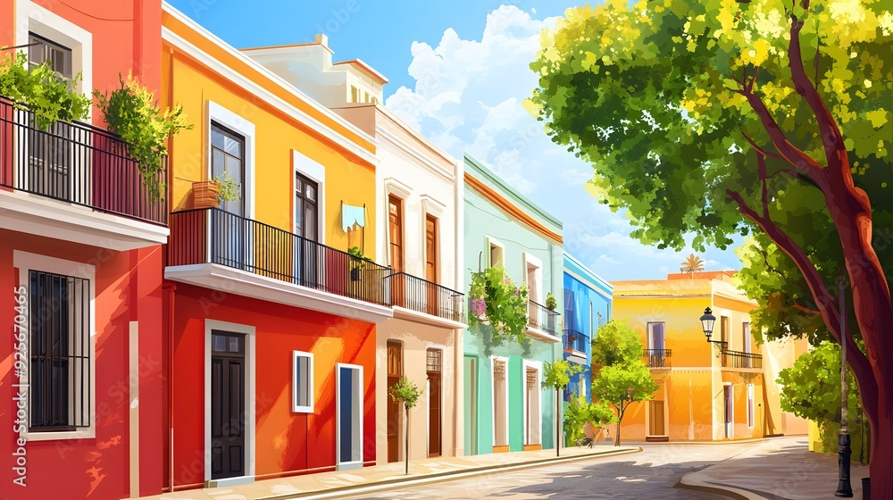 Naklejka premium Spanish Flat Design Street Corner, Realism Art, Vibrant City Life, Cultural Heritage Scene
