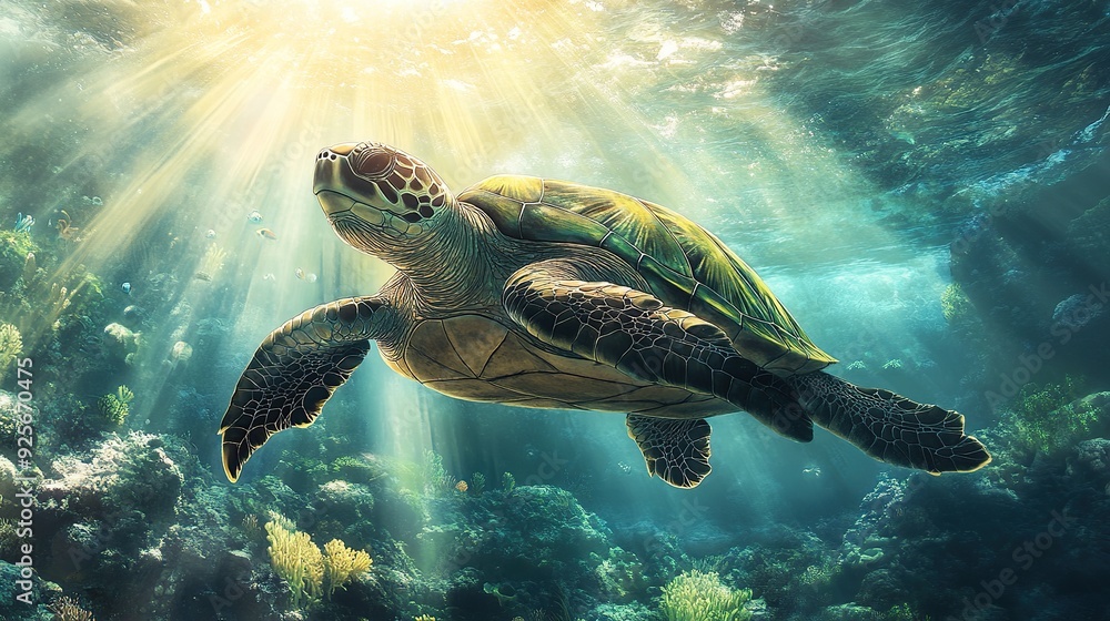 Fototapeta premium Sea Turtle Swimming Through Sunbeams in Blue Ocean Water.