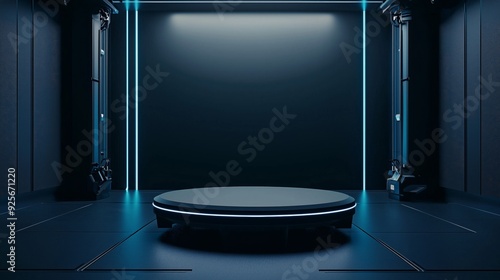 A photo of an empty 3D podium in a gaming room with a large screen and gaming chairs, isolated on a dark blue background