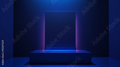 A photo of an empty 3D podium in a gaming room with a sleek gaming rig and custom lighting setup, isolated on a dark indigo background