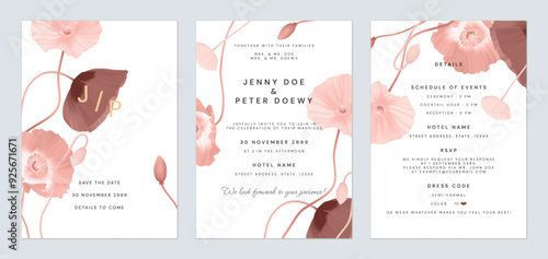 Wedding invitation template set, red poppy flowers on white background