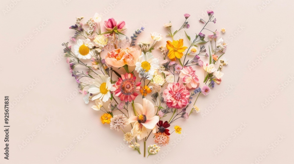 Heartshaped floral arrangement on light pink background, expressing love and beauty in nature Heartshaped floral arrangement on light pink background, expressing love and beauty in nature