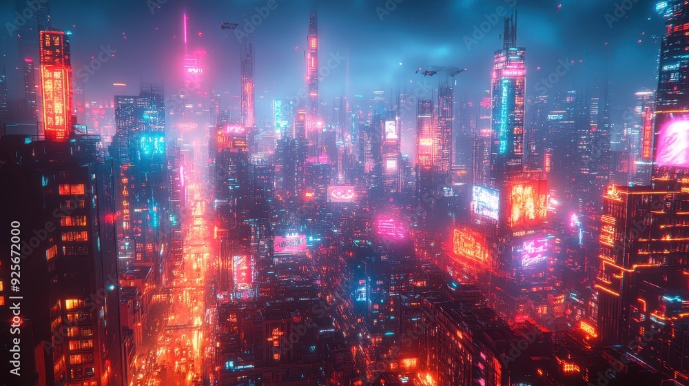 Obraz premium Futuristic Cityscape with Neon Lights.